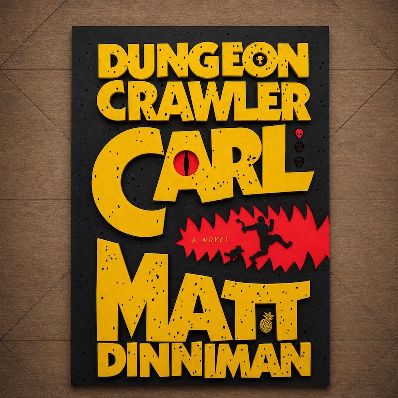 May include: A book cover with a black background and yellow textured lettering that reads Dungeon Crawler Carl by Matt Dinniman. The design features a red eye, a red jagged shape with a black silhouette of a person, and a small pineapple icon.