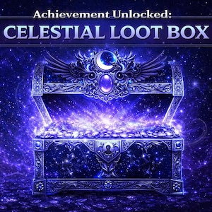 May include: A dark blue chest with ornate silver detailing and a glowing interior filled with light. The text Achievement Unlocked: CELESTIAL LOOT BOX is displayed above the chest, which is set against a vibrant purple and blue starry background.