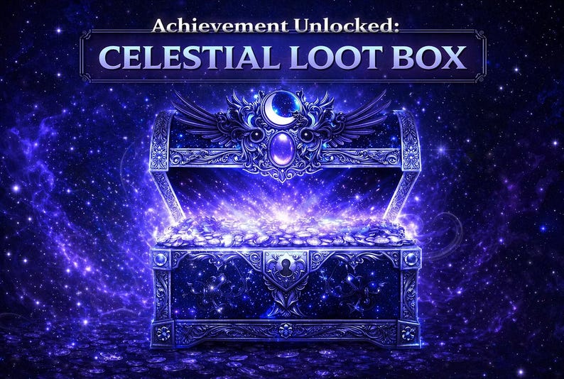 May include: A dark blue chest with ornate silver detailing and a glowing interior filled with light. The text Achievement Unlocked: CELESTIAL LOOT BOX is displayed above the chest, which is set against a vibrant purple and blue starry background.