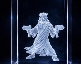 Dungeon Crawler Carl Uzi Jesus 3D Engraved Glass | HeyZoos Crystal Collectible | DCC LitRPG Gift | 2 Sizes