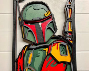Boba Fett Layered Wood Wall Art | 3D Laser Cut Star Wars Decor | Mandalorian Bounty Hunter Sign | Handmade Sci-Fi Wall Hanging