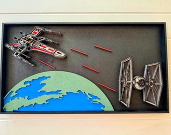 Star Wars Inspired X-Wing vs TIE Fighter Wall Art | Layered Wood Space Battle | Yavin Planet Scene | Laser Cut Sci-Fi Decor