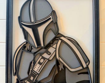 Mandalorian Layered Wood Wall Art | 3D Star Wars Inspired Decor | Hand Painted Laser Cut Framed Sign | Beskar Helmet Fan Gift