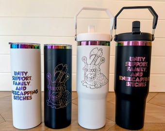 Sluggalo Rainbow Engraved Tumbler – Unity, Support, Family and Kneecapping Bitches | DCC Inspired | 20oz or 30oz | Black or White