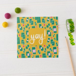 Yay Celebration Card | Congratulations Card | Hand lettered and illustrated | Repeat pattern background | Festive card