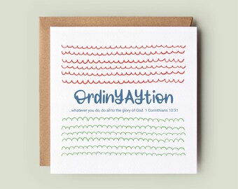 Cheerful Bible Verse Ordination Card | Hand Lettered 1 Corinthians 10:31 | Modern Stationery | Congratulations Ordination | Christian Gift