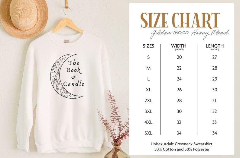 May include: White crewneck sweatshirt with a black crescent moon design and the text "The Book & Candle." The size chart shows measurements in inches for sizes S through 5XL. Made of 50% cotton and 50% polyester.