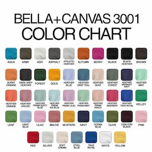 Pode incluir: Carta de cores Bella + Canvas 3001 mostrando 36 cores diferentes de t-shirts. As cores est&atilde;o dispostas em linhas e colunas, com o nome de cada cor impresso abaixo da amostra de cor correspondente.