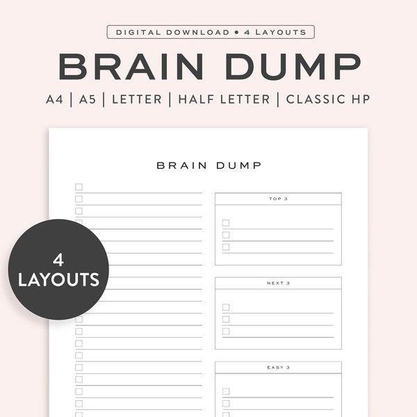Druckbares Brain Dump Journal, Gedankenorganisator, Brain Dump-Produktivitätsplaner, ADHS-Gedankenjournal, ADHS-Notizen | 5 Größen, 4 Layouts