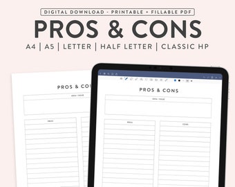 Printable Pros Cons List, Fillable Pros and Cons, Idea Organizer / Tracker, Issue Pros & Cons Template, Problem Solving Sheet PDF | 5 Sizes