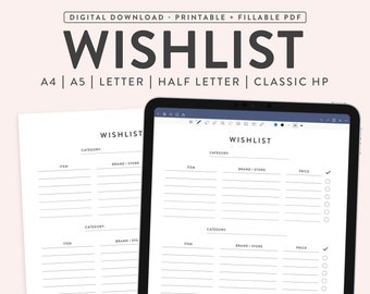 Printable Wishlist, Fillable Wishlist Organizer, Wishlist Planner & Insert, Wishlist Tracker | 5 Sizes