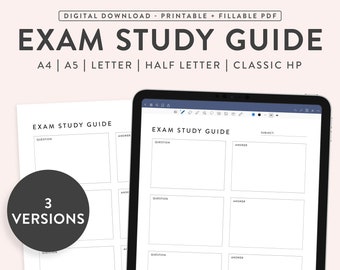 Printable Exam Study Guide, Exam Planner for Students, Question & Answer Organizer, 3 Versions | Fillable, 5 Sizes