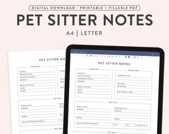 Printable Pet Sitter Notes, Fillable Pet Information Sheet (PDF)