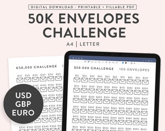 May include: Printable digital download of a 50,000 envelope challenge tracker. The tracker is divided into two sections, one for USD, GBP, and Euro, and the other for USD. Each section has 100 envelopes with corresponding amounts from $10 to $100 and €10 to €100.