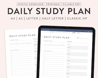 May include: A printable daily study plan template in PDF format. The template includes sections for planned hours, study subjects, and study topics. The template is available in A4, A5, Letter, Half Letter, and Classic HP sizes.