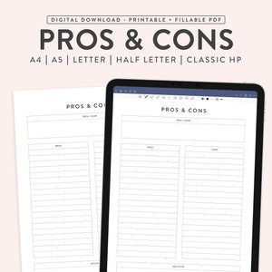 Printable Pros Cons List, Fillable Pros and Cons, Idea Organizer / Tracker, Issue Pros & Cons Template, Problem Solving Sheet PDF | 5 Sizes