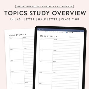 May include: A printable study overview template with sections for topics and notes. The template is available in A4, A5, Letter, Half Letter, and Classic HP sizes.