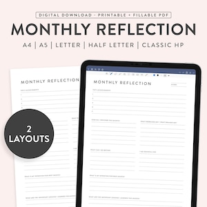 May include: Printable monthly reflection planner with two different layouts. The planner includes sections for top 5 achievements, how to describe the month, what energised and drained you, what you can do better, what you are grateful for, your intention for next month, and important lessons learned.