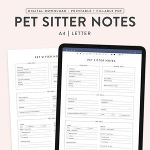 Printable Pet Sitter Notes,  Pet Sitting Forms Insert, Fillable Pet Sitter Information Sheet, Pet Info Template, Pet Care Form PDF | 2 Sizes