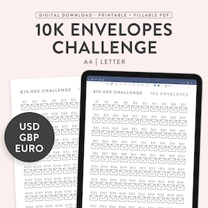 Printable 10K 100 Envelopes Challenge, Fillable 10K Savings Challenge, 100-Day Money Challenge, Savings Tracker, 2 Sizes - Usd / Gbp / Eur