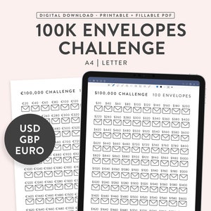 Printable 100K 100 Envelopes Challenge, Fillable 100K Savings Challenge, 52 Weeks Money Challenge, Savings Tracker, 2 Sizes, Usd / Gbp / Eur