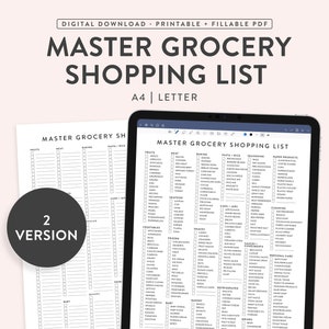 Druckbare Haupt-Einkaufsliste, befüllbare Haupt-Einkaufsliste, Lebensmittelplaner, wöchentliche Einkaufsliste, Lebensmittel-Checkliste, 2 Größen, minimalistisch