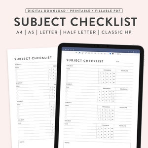 Op de afbeelding: Een afdrukbare vakkenchecklist met secties voor vak, taak, voortgang en deadline. De checklist is ontworpen voor gebruik met een digitale pen en tablet.