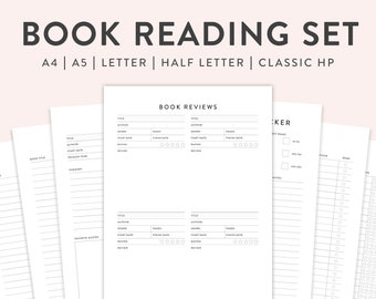 May include: Printable book reading log and tracker set in black and white. The set includes pages for book reviews, a reading tracker, and a page for favorite quotes. The pages are designed for use with A4, A5, Letter, Half Letter, and Classic HP paper sizes.