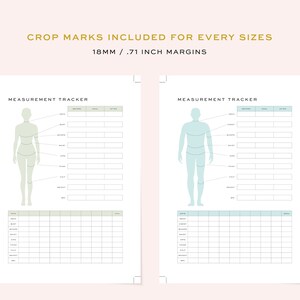 May include: Two printable measurement tracker sheets with outlines of a male and female body. Each sheet includes a table with columns for date, body part, beginning measurement, goal measurement, and after measurement.
