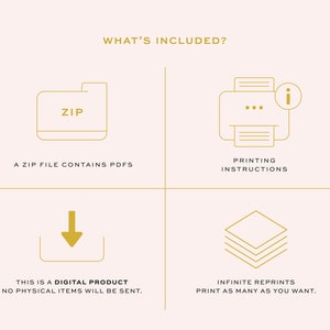 Pu&ograve; includere: Un'illustrazione grafica di ci&ograve; che &egrave; incluso in un download digitale. L'illustrazione mostra un file zip contenente PDF, istruzioni di stampa, una freccia di download e una pila di carta che rappresenta ristampe infinite.