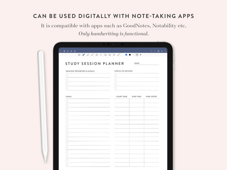 Peut inclure: Un planificateur de session d'&eacute;tude num&eacute;rique affich&eacute; sur l'&eacute;cran d'une tablette. Le planificateur comprend des sections pour les priorit&eacute;s et les objectifs de la session, les sujets &agrave; revoir, les t&acirc;ches, l'heure de d&eacute;but, l'heure de fin et le temps pass&eacute;. Le planificateur est compatible avec des applications de prise de notes telles que GoodNotes et Notability.
