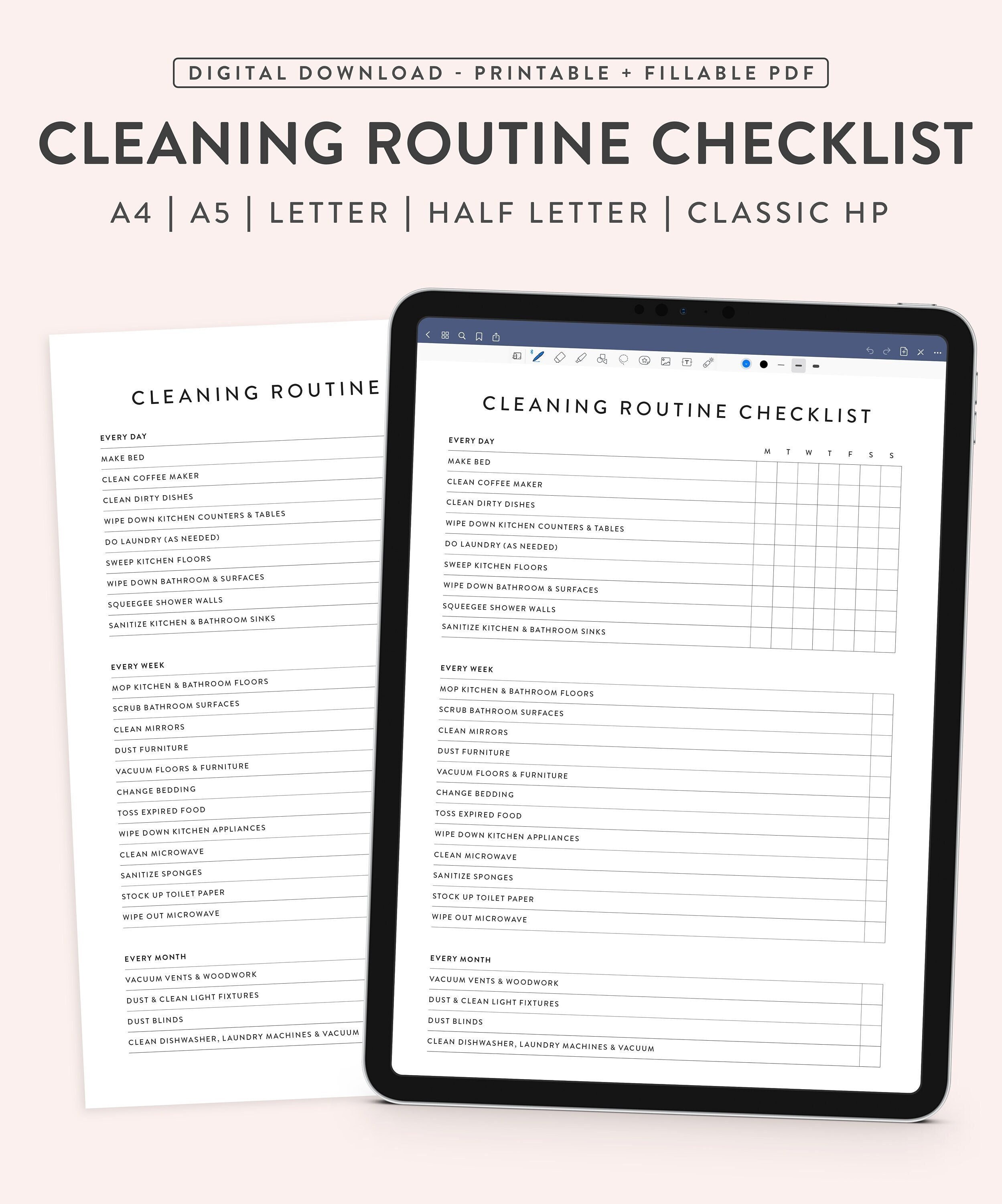 Printable Cleaning Routine Checklist, Fillable Planner (digital ...