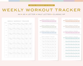 May include: Printable weekly workout tracker in eight different colors. The tracker includes sections for workout type, body part, sets, reps, weight, flexibility, and notes. The tracker is available in A4, A5, Letter, Half Letter, and Classic HP sizes.