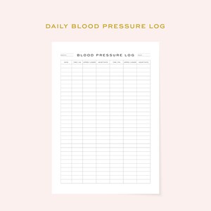 May include: A printable blood pressure log with columns for date, time, upper reading, lower reading, heart rate, and notes.
