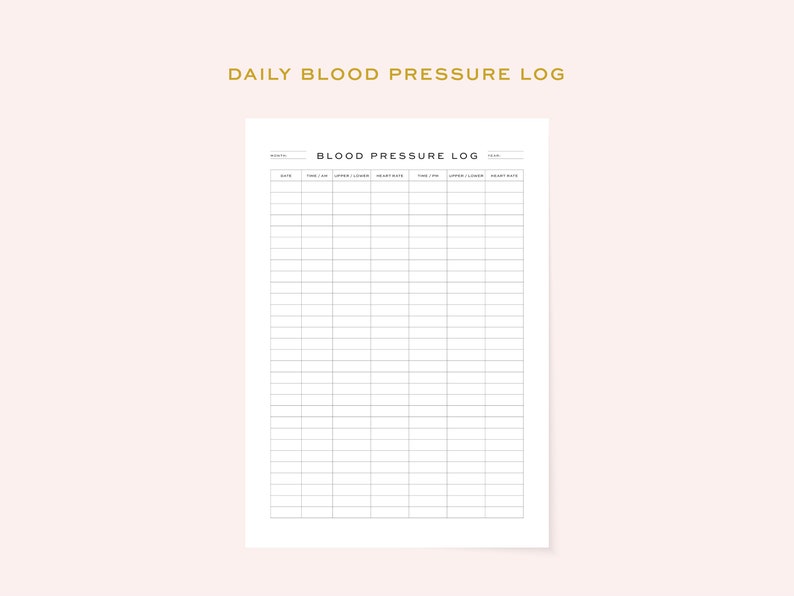 May include: A printable blood pressure log with columns for date, time, upper reading, lower reading, heart rate, and notes.