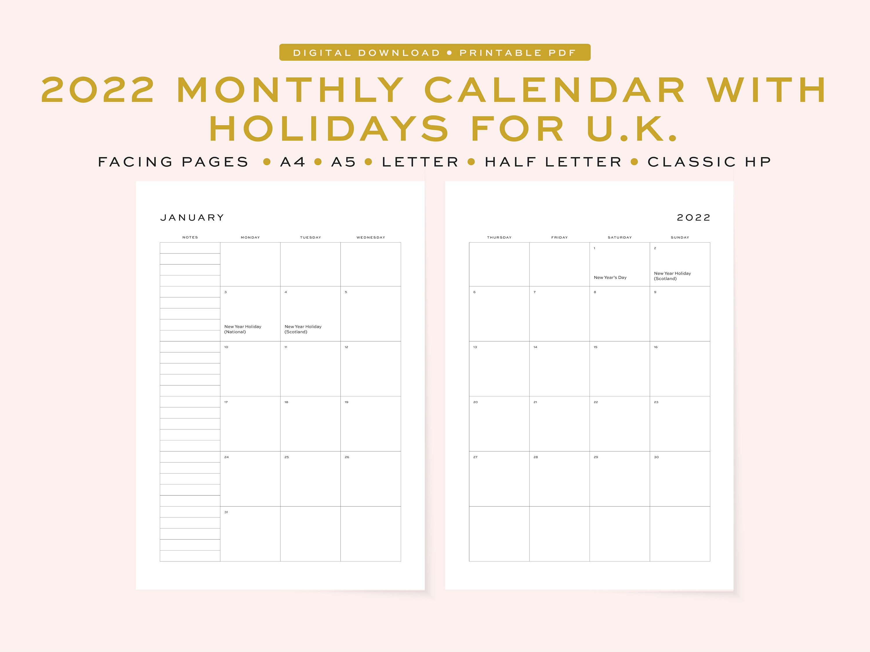 printable 2022 monthly calendar with uk holidays 5 sizes etsy