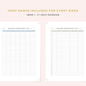 May include: Two printable blood pressure log sheets with a light blue and green color scheme. Each sheet has columns for date, time, upper systolic, lower diastolic, heart rate, and notes. The text "BLOOD PRESSURE LOG" is at the top of each sheet.