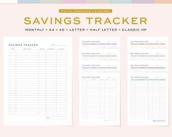 May include: A printable savings tracker in eight different colors. The tracker includes columns for date, description, deposit, withdrawal, and balance. The text "SAVINGS TRACKER" is at the top of the page.