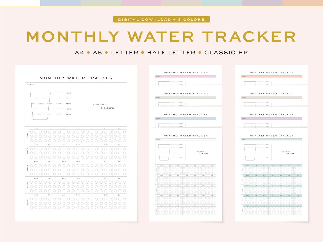 Printable Water Tracker / Reminder, Fillable | Monthly Water Intake | 5 Sizes, A4, A5 &amp; US ...