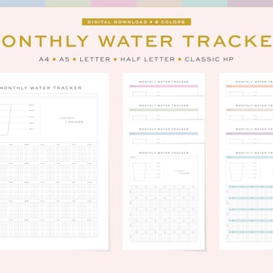 Printable Water Tracker / Reminder, Fillable | Monthly Water Intake | 5 Sizes, A4, A5 & US Letter, Half Letter, HP - Monday / Sunday Start