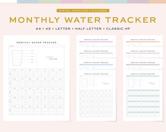 Printable Monthly Water Tracker, Fillable, 5 Sizes (Digital Download)