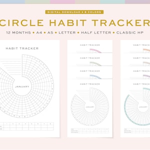 May include: Printable circle habit tracker with 12 months, in 8 colors, for A4, A5, Letter, Half Letter, and Classic HP paper sizes. The image shows a sample page for January.