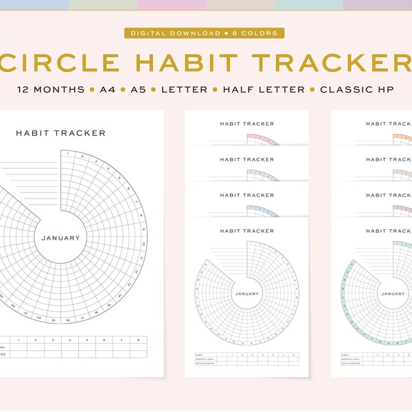 Printable Circle Habit Tracker / Planner | 12 Months Personal Habit and Goal Tracker | 5 Sizes: A4, A5 & US Letter, Half Letter, Classic HP