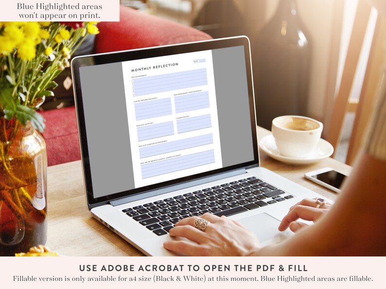 Peut inclure: Un ordinateur portable affichant une feuille de travail de r&eacute;flexion mensuelle imprimable. La feuille de travail comporte des sections pour les objectifs, les r&eacute;alisations, les d&eacute;fis et les le&ccedil;ons apprises. Le texte "UTILISER ADOBE ACROBAT POUR OUVRIR LE PDF ET REMPLIR" est affich&eacute; sous la feuille de travail.
