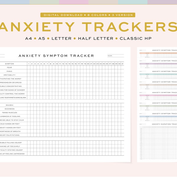 Printable Anxiety Trackers | Monthly Anxiety Relief Worksheet, Symptom and Mood Tracker | 5 Sizes, A4, A5 & US Letter, Half, HP