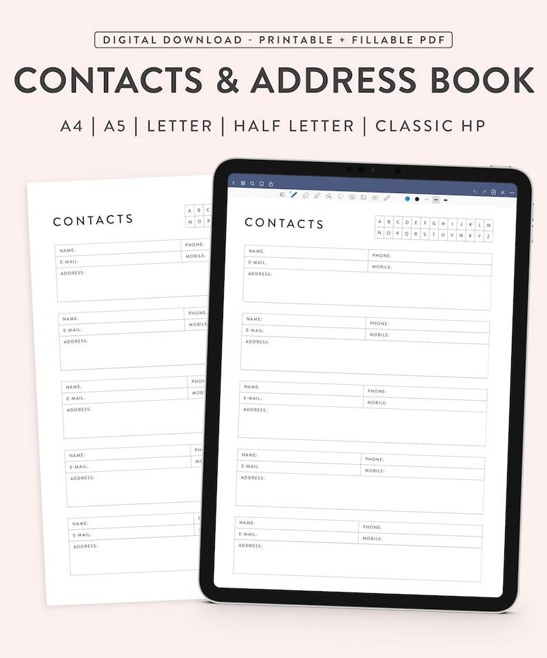 Printable Address Book / Contact List, Fillable Printable Contacts