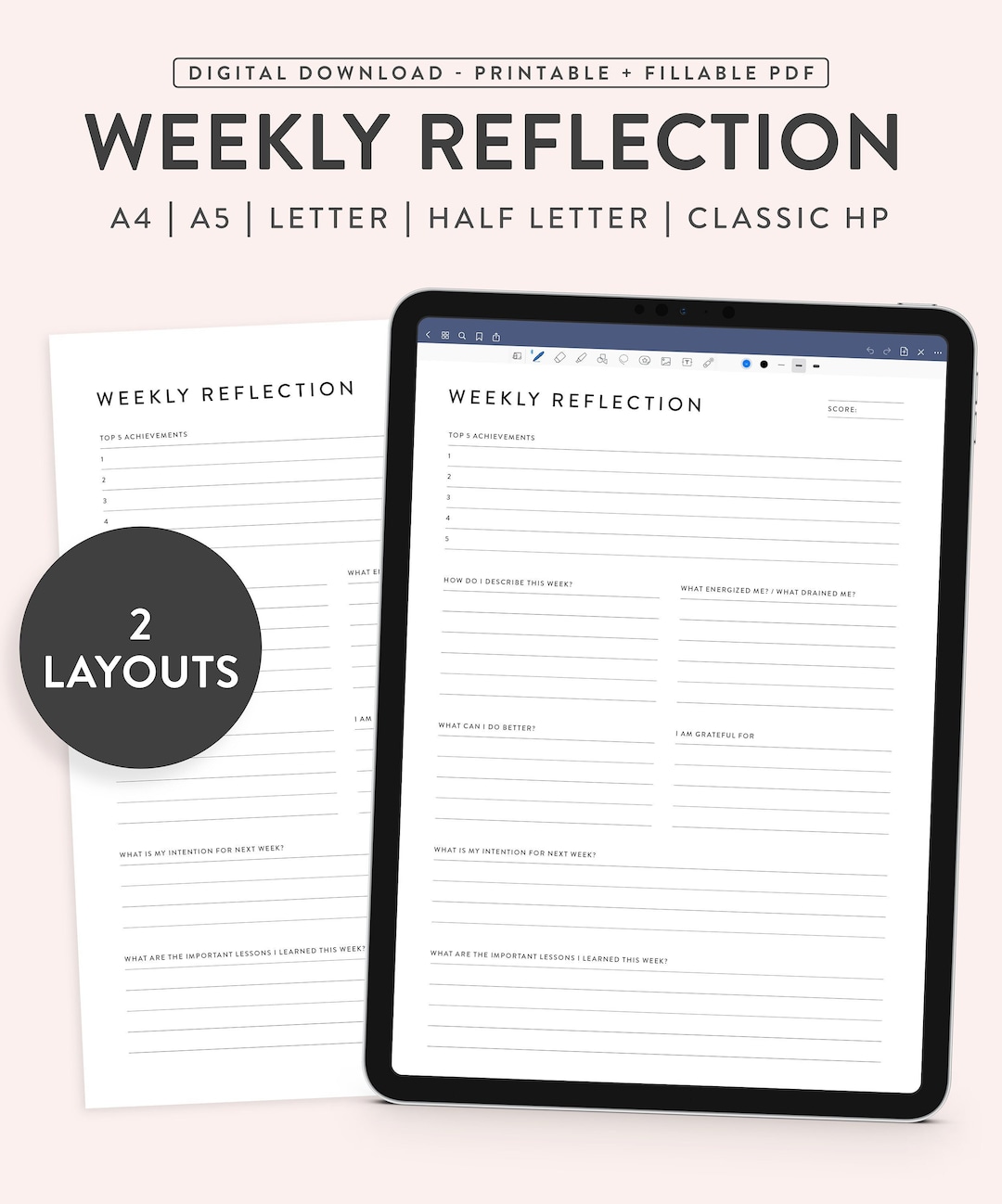 Printable Weekly Reflection, Fillable | Weekly Review Template - Goal Planner - 2 Layouts | 5 ...