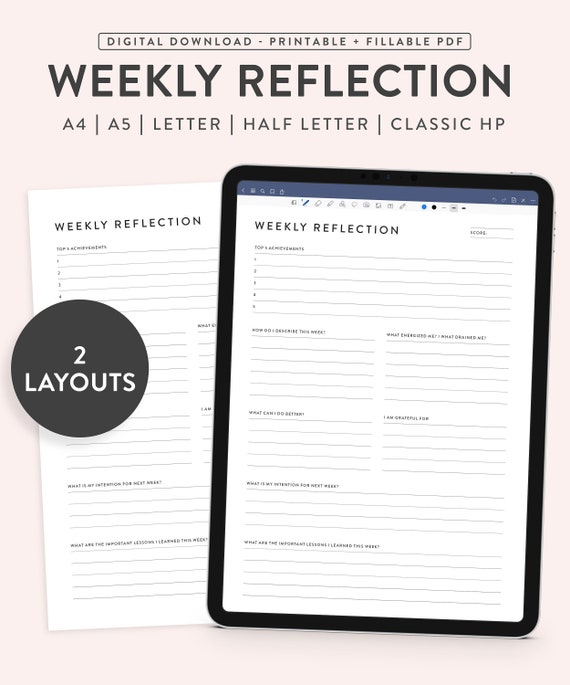 Printable Weekly Reflection Template, Goal Planner (Digital Download)