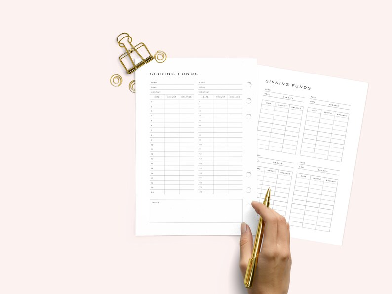 May include: A white sheet of paper with the title "Sinking Funds" printed at the top. The paper is divided into columns with headings for "Fund", "Date", "Deposit", and "Balance".