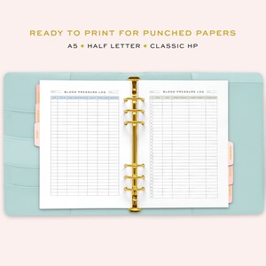 May include: A printable blood pressure log for a planner or binder. The log has columns for date, time, systolic, diastolic, pulse, and notes. The log is designed for A5, half letter, and classic HP sizes.